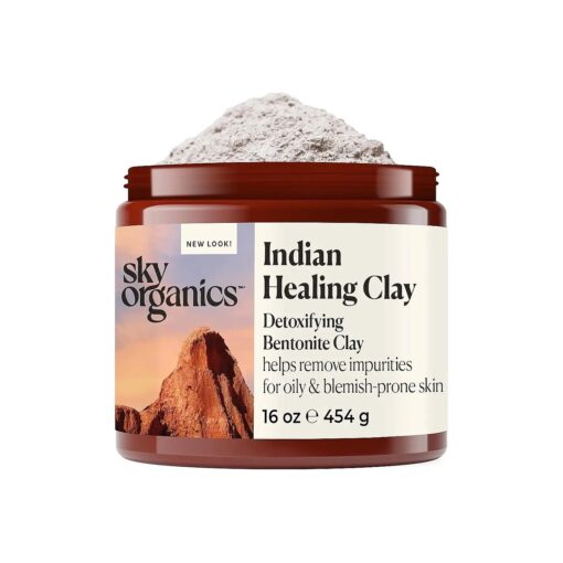 Sky Organics Indian Healing Clay with Detoxifying Bentonite Clay for Face, 100 % Pure to Detoxify, Purify & Cleanse, 16 Oz .