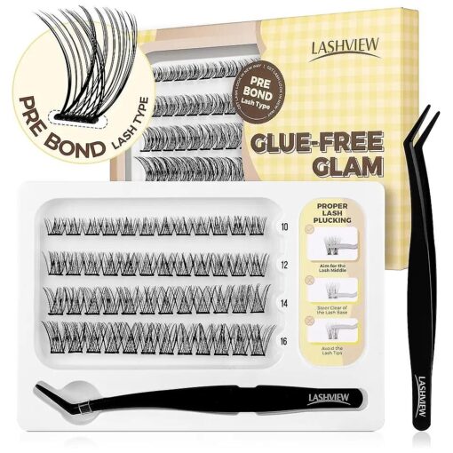 LASHVIEW Self Adhesive Lash Clusters Eyelashes, Press-on Lashes 10-16mm Individual Lash Extension Kit with Lash Tweezers, No Glue Needed Natural Self Adhesive DIY Eyelash Extension Kit ( AC58 48PC )