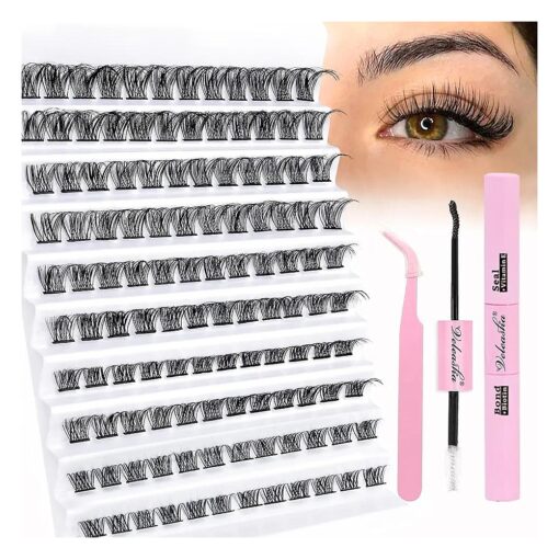 Veleasha DIY Lash Extension Kit 120PCS D Curl Lash Clusters with Waterproof Lash Bond and Seal, Lash Tweezers Eyelash Extensions Kit Soft DIY Cluster Eyelash Extensions Kit at Home ( B10,8-16MM, Kit )