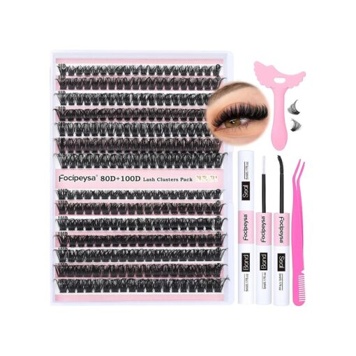 80D 100D Lash Extension Kit Fluffy Lash Clusters Kit DIY Eyelash Extension Kit Thick Individual Lashes 8-16mm Mixed D Curl Clusters Lash with Lash Bond Seal, Lash Tweezers, Mascara Applicator Tool