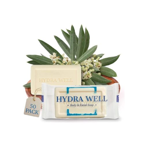 Hydra Well 0.85OZ 50 Pack Bar Soap Hotel Travel Size Wholesale Face body & Bath Amenities Individually Wrapped Toiletries For Hotel Airbnb Vacation Rentals Guest Room Charity Donation