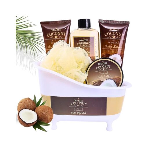 Spa Gift for Women - 5 Pcs Draizee Coconut Scented Spa Gift Basket for Women Bath & Body Set Lotion, Scrub & Butter, Shower Gel & Puff # 1 Birthday, Self Care Gifts for Women