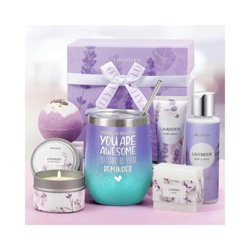 Gifts for Women, Bath and Body Works, Birthday Gifts for Women Spa Gifts Baskets for Women Bubble Bath for Women Lavender Gifts for Mom Her Female Sister Mother Teacher Wine Tumbler Purple Gifts