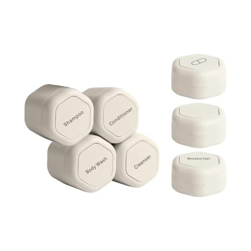 Cadence Travel Containers - Daily Routine Capsule Set - Magnetic Travel Capsules - For Shampoo, Conditioner, Body Wash, Pills, and More - 4 Flex Mediums ( 1.32oz ) & 3 Flex Smalls ( 0.56oz ) - Sand