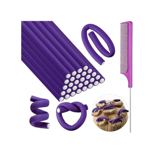 30 Pieces Flexible Curling Rods Twist Foam Hair Rollers Soft Foam No Heat Hair Rods Rollers and 1 Steel Pintail Comb Rat Tail Comb for Women Girls Long and Short Hair ( Purple, 7 x 0.3 Inch )