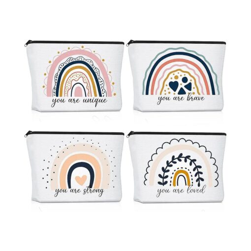 4 Pcs Rainbow Cosmetic Bag Teacher Nurse Inspirational Gift Bags for Women Girls You Are Loved Beautiful Kind Makeup Bag Bulk Personalized Canvas Purse Pouch for Toiletry Travel ( Leaves )