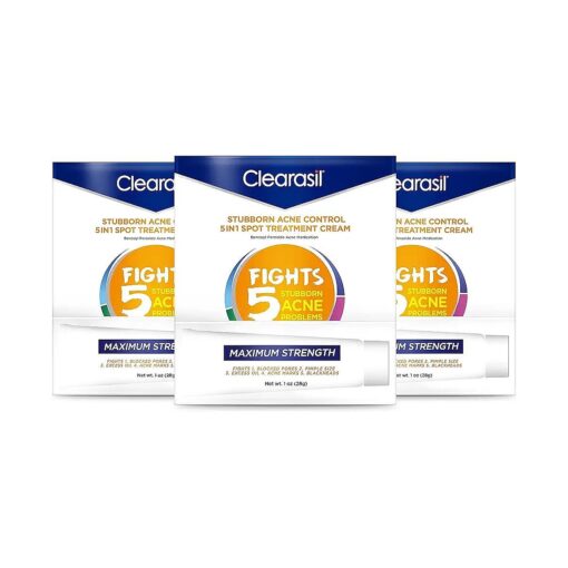 Clearasil Stubborn Acne Control 5-in-1 Spot Treatment Cream with Benzoyl Peroxide Acne Medication to Clear Acne, 1 Ounce ( Pack of 3 )