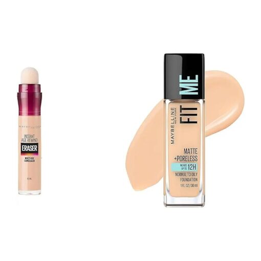 Maybelline Instant Age Rewind Eraser Dark Circles Treatment Multi-Use Concealer, 120, 1 Count ( Packaging May Vary ) & Fit Me Matte + Poreless Liquid Oil-Free Foundation Makeup, Classic Ivory, 1 Count