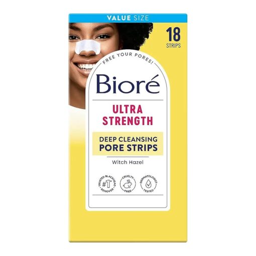 Biore Witch Hazel Blackhead Remover Pore Strips for Nose, Clears Pores up to 2x More than Original Pore Strips, features C-Bond Technology, Oil-Free, Non-Comedogenic Use, 18 Count