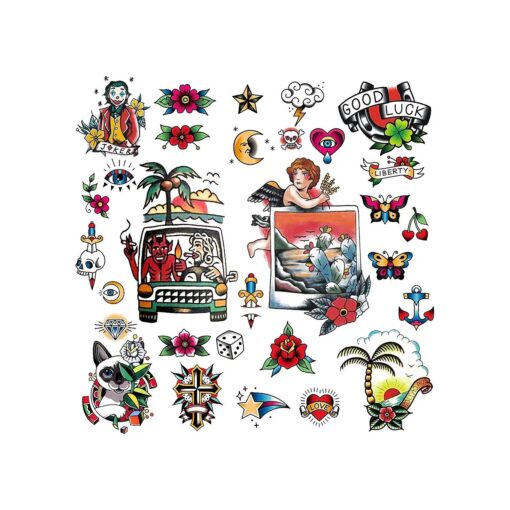 CARGEN Vintage Temporary Tattoos - Traditional Old School Classic Cool Stickers Sailor Jerry Style Joker Flower Beach Coconut Tree Skull Buttery Anchor Temporary Tattoo Fake Tattoo Great for Arm