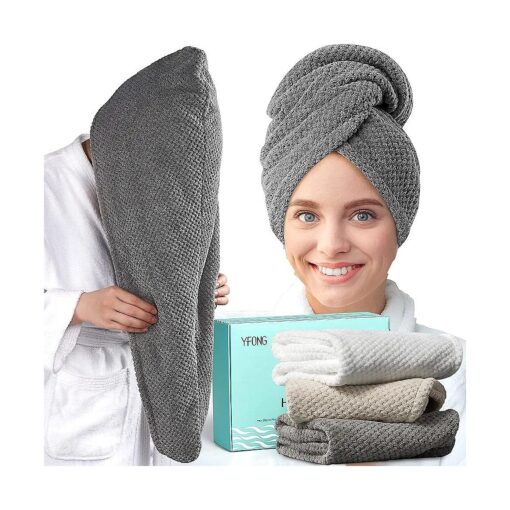 YFONG 3 Pack Large Microfiber Hair Towel Wrap, 30" x 10" Anti Frizz Quick Dry Hair Towels for Women Long, Curly, Thick Hair, Super Absorbent Hair Turban for Wet Hair ( Grey, White, Camel )