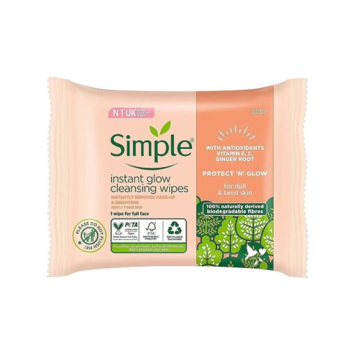 Simple Protect 'N ' Glow Instant Glow Biodegradable Wipes dermatologically tested for sensitive skin 20 wipes