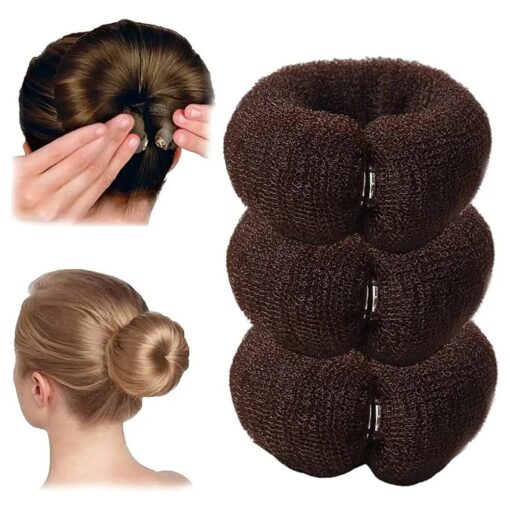 3 Pcs Magic Roll Tool Hair Ring, Diy Hair Foam Ring Shaper Snap, Hair Donut Bun Hair Accessories, Long Buckle Nylon Hair Ring, Magic Hair Styling Tool for Women Ponytail Holder ( 3 Brown )