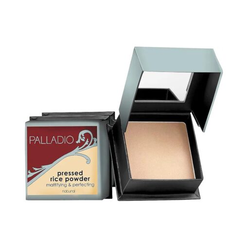 Palladio, Pressed Rice Powder with Mirror Mattifying Makeup Setting that Lasts All Day Instantly Absorbs Oil Works alone or with makeup, Translucent, 0.26 Ounce