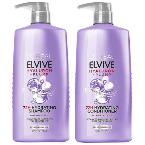 L'Oreal Paris Elvive Hyaluron Plump Shampoo and Conditioner Set for Dehydrated, Dry Hair with Hyaluronic Acid Care Complex, 1 Kit ( 2 Products )