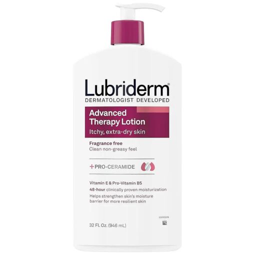 Lubriderm Advanced Therapy Fragrance Free Moisturizing Hand & Body Lotion + Pro-Ceramide with Vitamins E & Pro-Vitamin B5, Intense Hydration for Itchy, Extra Dry Skin, Non-Greasy, 32 fl, oz