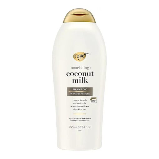 OGX Nourishing + Coconut Milk Shampoo, Hydrating & Restoring Shampoo Moisturizes for Soft Hair After the First Use, Paraben-Free, Sulfate-Free Surfactants, 25.4 fl, oz