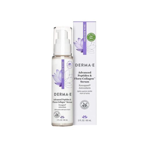 DERMA E Advanced Peptides and Vegan Flora-Collagen Serum - Double Action Collagen Face Cream with Peptide Complex - Intensely Hydrating Treatment for Lines, Wrinkles and Redness, 2 oz