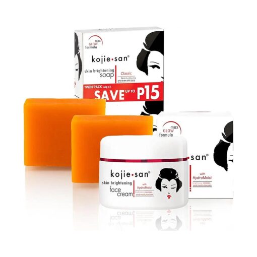 Kojie San Skin Brightening 2 Piece Set - Original Kojic Acid Soap that Reduces Dark Spots, Hyperpigmentation, & Scars with Coconut & Tea Tree Oil - 65g x 2 Bars & 30g Face Cream