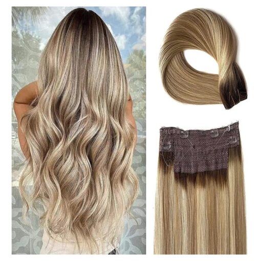 Halos Hair Extensions, Fish Line Hair Extensions, Wire Extensions Human Hair,14Inch 70g Ombre Balayage Ash Brown to Dirty Blonde and and Platinum Blonde Highlights Straight Hairpiece Flip in Hair Extensions Clip in Extensions with Invisible Fish Line Hair