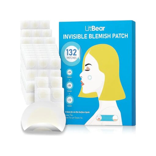 LitBear Pimple Patches, Invisible Spot Cover, Hydrocolloid Acne Patches for Face with Thinner Outer Edge, Salicylic Acid Blemishes Zits Absorbing Patch for Whiteheads, Cystic Acne, 3 Sizes 132 Dots