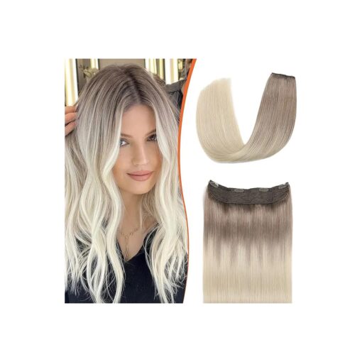 Wire Hair Extensions Real Human Hair Ombre Ash Brown to Platinum Blonde Color 14Inch 65 Grams Secret Wire Invisible Wire Hair Extensions ( # 8/60-14inch )