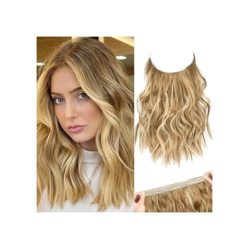 REECHO Invisible Wire Hair Extensions with Thinner Softer Lace Weft Adjustable Size Removable Secure Clips in Wavy Secret Hairpiece for Women 12 Inch ( Pack of 1 ) - Medium Blonde with Blonde Highlights