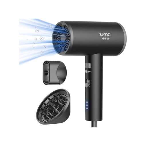 SIYOO Professional Hair Dryer Ionic Blow Dryer with Diffuser and Nozzle, 1600 Watt Negative Ions Salon Light Hairdryer for Man Women Black