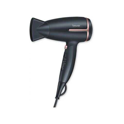 Beurer HC25 Ionic Hair Dryer for Travel with Voltage Switch 1600W Anti Frizz Blow Dryer, Foldable Handle, Lightweight Styler, Nozzle Attachment, Storage Bag, Black and Rose Gold