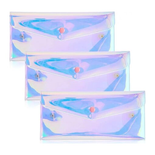 3 Pcs Holographic Makeup Bag Iridescent Pencil Pouch Clear Transparent Iridescent Cosmetic Bag Organizer Travel Hologram Handbag Clear Coin Purse for Teen Girls Women Kids ( Medium )