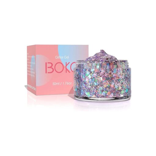 Boko 1.76oz Body Glitter Gel, Iridescent Liquid Chunky Glitter Lotion Mermaid Sequins for Face Hair and Body Makeup, Festival Clothing, Rave Accessories and Costume - Dance of Iris