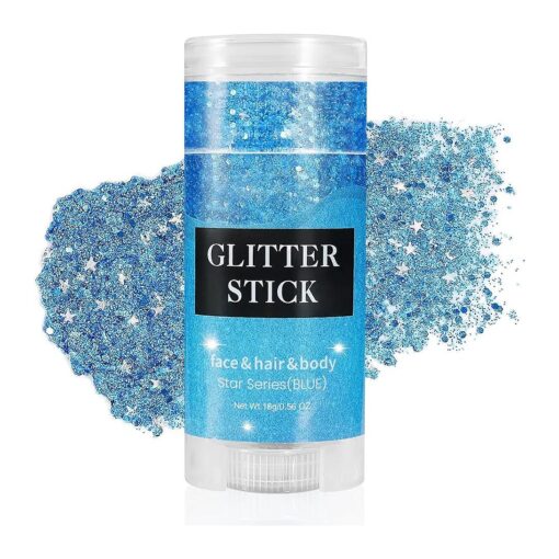 Mysense Blue Body Glitter Stick, Singer Concert Outfit Face Glitter Makeup, Festival Rave Accessories Face Hair Glitter Gel for Kids Women, Sparkling Mermaid Sequins Glitter Face Paint, 0.56oz