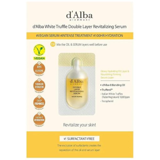 d'Alba Italian White Truffle Double Layer Revitalizing Serum, 100hr hydration serum, 2 in 1 double solution serum, glow and long-lasting moisture serum, ( Sample, 0.03 fl.oz )