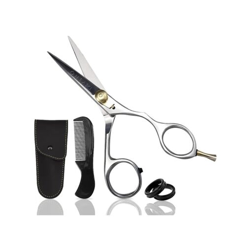 5.5" Japanese Steel Beard Scissors & Mustache Scissors - Ergonomic Bent Handles Design Beard Scissors for Men with 1 Comb & Carrying Pouch Hand Forged Facial Hair ( Ergonomic Silver ( Right Hand )