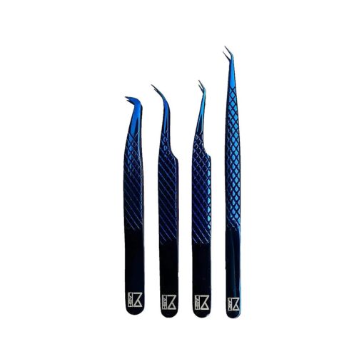 M LASH Set Of 4 Diamond Grip Eyelash Extensions Tweezers - Japanese Steel Lash Supply ( Blue )