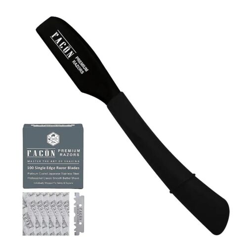 100 BLADES + Facon Professional Standard Japanese Straight Edge Faether Barber Razor - Salon Quality Cut Throat Shavette