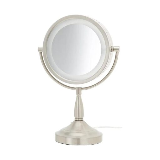 JERDON Lighted Tabletop Makeup Mirror - Halo Lighted Makeup Mirror with 1X and 7X Magnification in Nickel Finish - 8.5-Inch Diameter Vanity Mirror - Model LT856N