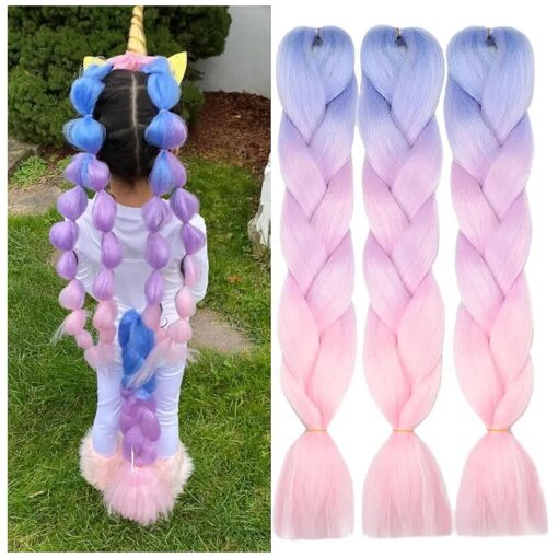 VCKOVCKO Pink Jumbo Braid Crochet Braids Hair Extension Three Tone Ombre Color Rainbow Jumbo Braiding For Twist Braiding, Jumbo Box Braiding Hair 24" ,3 Bundles/Lot, Blue-Light purple-Pink