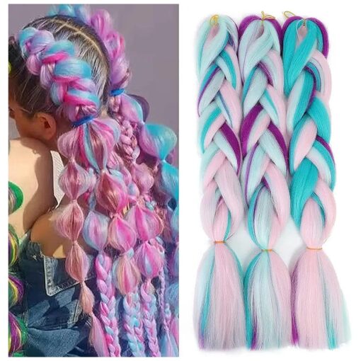 Ding Dian Jumbo Braiding Hair Ombre 4 Colors Mix Braiding Hair Kanekalon Synthetic Hair 3pcs Rainbow Colors Extensions ( Pink/Purple/Green/Light Cyan ) ( 24 Inch 3pcs )