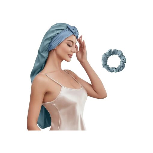 Silk Bonnet for Sleeping, Long Satin Bonnet for Sleeping with Tie Band, Jumbo Bonnets for Women Long Braids Curly Hair Shower Cap ( Blue Zircon )