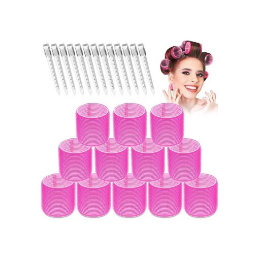 Jumbo Rollers Hair Curlers 24 Pcs Set with 12Pcs Jumbo Large Hair Rollers and 12 Pcs Hair Clips for Long Thick Hair Volume ( Hot Pink )