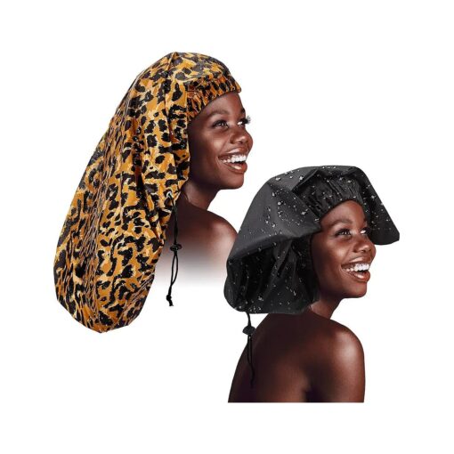 Braid Shower Cap Large Shower Cap Jumbo Shower Cap for Braid Adjustable and Foldable Braid Shower Cap with Drying Loop Extra Big and Plastic Shower Cap for Long Curly Hair Braids ( Black, Leopard )