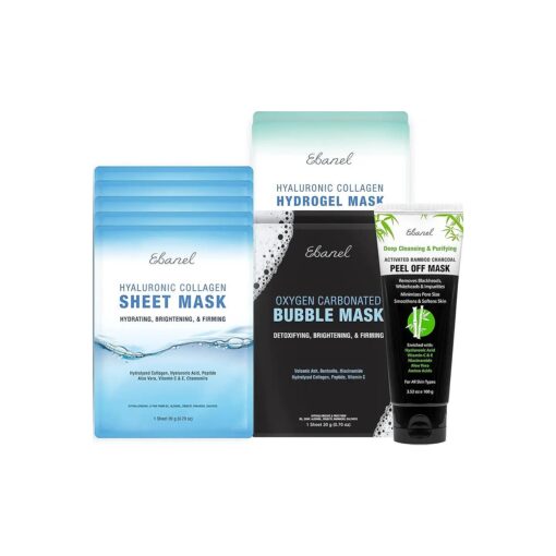 Ebanel Variety Face Mask Skin Care Set - 5 Pack Collagen Hydrating Face Masks, 2 Pack Hydrogel Mask, 2 Pack Carbonated Bubble Clay Detox Mask, and 3.52Oz Charcoal Peel Off Face Mask with Brush