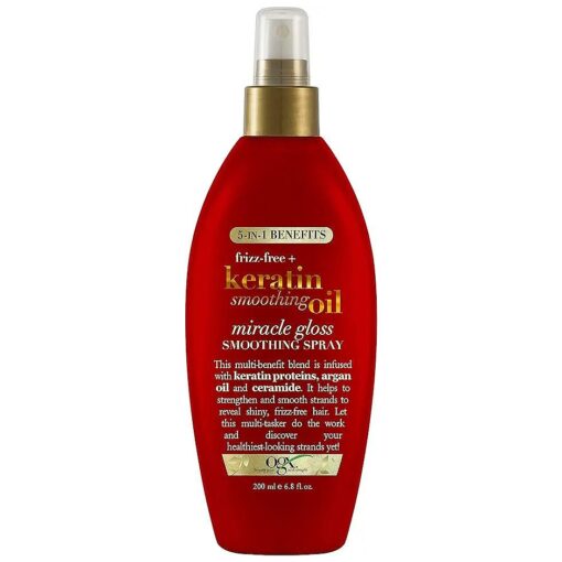 Frizz-Free + Keratin Smoothing Oil Miracle Gloss Spray, 5 in 1, De-frizz & Shiny Hair, Argan Oil