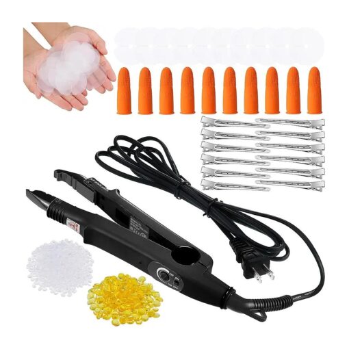 Hair Extensions Tool Set Fusion Heat Iron Connector Wand Hair Extensions Heat Tool with Fusion Glue Protector Templates Hair Clips Finger Protector 2 Bags Keratin Glue Granule Beads ( Black, )