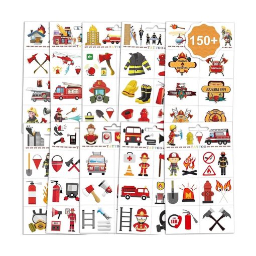 Konsait Firefighter Temporary Tattoos for Kids, 150+Pcs Fire Fake Tattoo Waterproof Fireman Firetruck Tattoo Sticker for Boys/Girls Birthday Party School Fire Education Theme Party Favor Gift Supplies