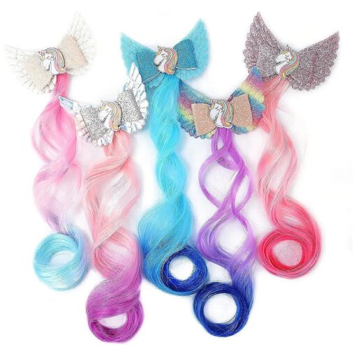 5 Colors Hair Clips for Girls Hair Bows for Girls Hair Accessories for Girls Kids Unicorn Hair Clips Girls Hair Accessories Glitter Braided Curly Gradient Kids Hair Extensions For Kids ( 5PCS )