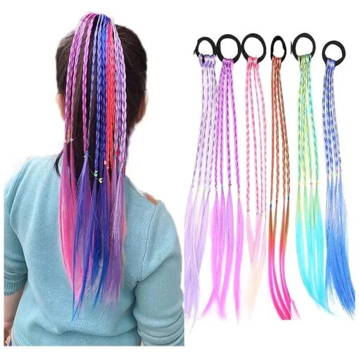 6pcs Kids Girls Hair Extension Colorful Braided Wigs Ponytail Headbands Rubber Bands Hair Bands Headwear Hair Accessories ( 6 pcs colors-A )