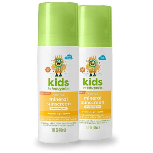 SPF 50 Kids Mineral Sunscreen Roller Ball, Totally Tropical | UVA UVB Protection | Octinoxate & Oxybenzone Free | Water Resistant | 2 Pack ( 3 ounce )