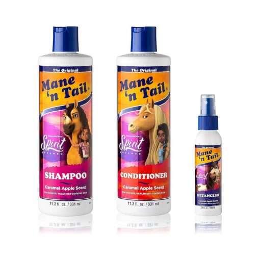 Mane 'n Tail Spirit Untamed Shampoo + Conditioner 11.02 Oz + Detangler 3.4Oz For Kids Caramel Apple Scent Gentle, Mild For Everyday Use Coconut Oil Softness